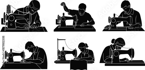 Sewing machine operator silhouette illustration, black vector design, tailoring pose, garment making, textile work, fashion craft, manual stitching art