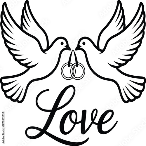 This elegant coloring page showcases two doves facing each other, each holding a wedding ring in their beaks, with the word 