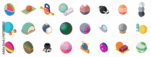 Isometric collection of fitness, gym, and workout balls illustrations, featuring stability, medicine, yoga, and exercise equipment for sport and healthy lifestyle.