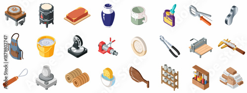 Isometric Collection of Pottery and Ceramics Workshop Tools, Equipment, and Materials for Artistic Craft, Craftsmanship, and Sculpture Creation.