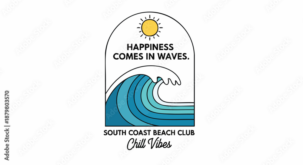 Fototapeta premium Surfer's Paradise: Illustration with a large wave, sun, and inspirational quote about happiness.