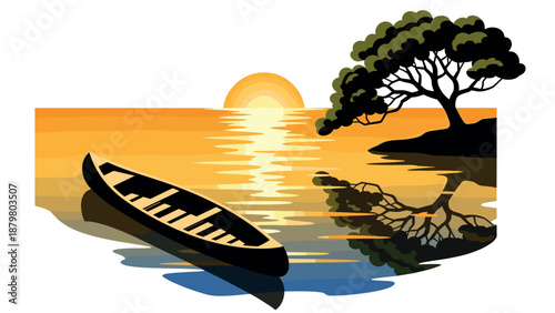 Sunset serenity: tranquil canoe and tree silhouette by peaceful water
