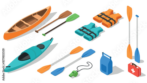 Outdoor water sports gear set: canoe and kayak equipment in isometric style