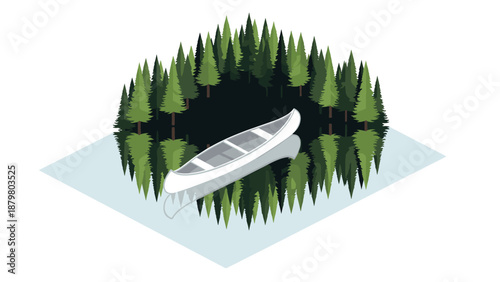 Canoe on a serene forest lake with reflections in isometric style