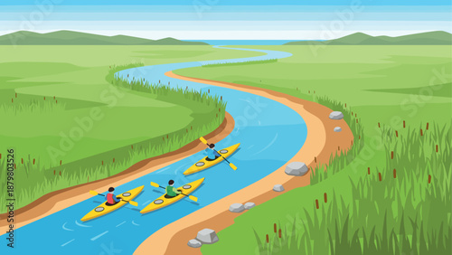 Kayakers enjoy a serene paddle along a winding river in a peaceful landscape