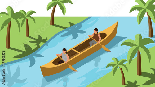 Isometric tropical river scene with canoe and two paddlers
