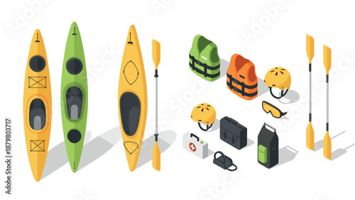 Colorful canoe and gear set featuring lifelike kayaks, paddles, and safety equipment