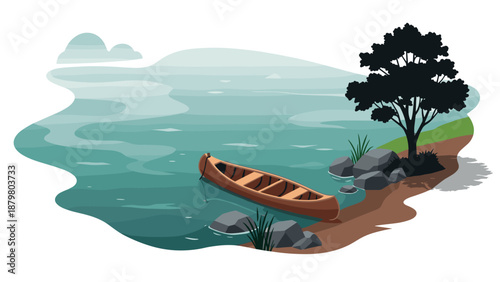 Serene lake scene with canoe and tree in calm waterside landscape