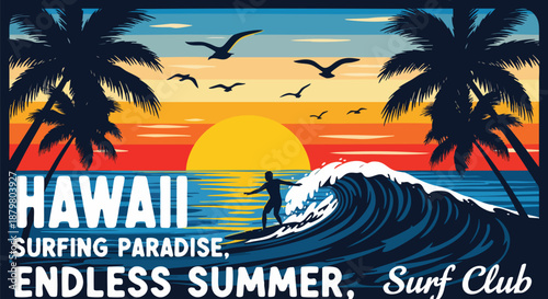 Tropical Hawaii Surfing Paradise with Palm Trees and Ocean Wave at Sunset - T-shirt Design Vector.