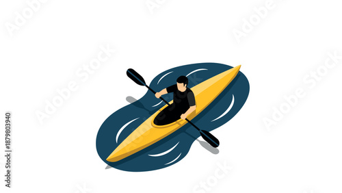 Isometric kayaking adventure with yellow kayak and paddler on water