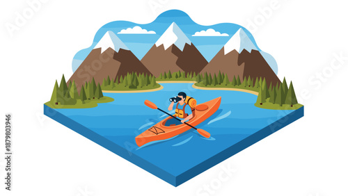 Adventure kayaking in scenic mountain landscape with snow-capped peaks and forest