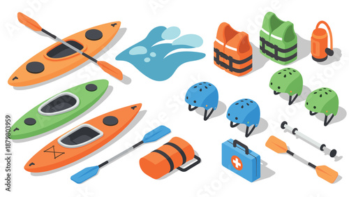 Kayaking equipment set with canoes, safety gear, and accessories in isometric style