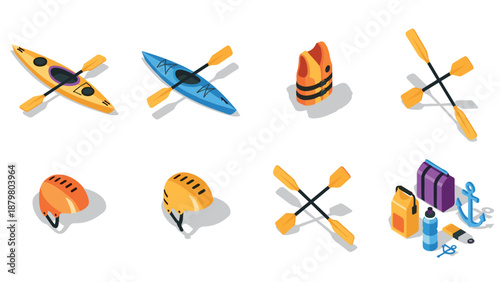 Isometric kayaking gear set: canoes, paddles, helmets, and safety equipment for outdoor adventures