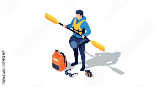 Adventurous kayaker ready to paddle with equipment in isometric style