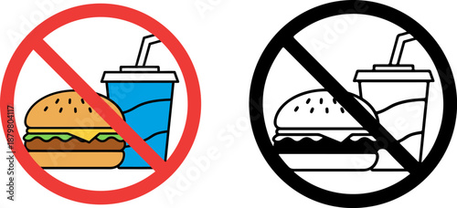 No Outside Food or Drink Sign - Prohibited Fast Food Burger and Soda Icon Vector