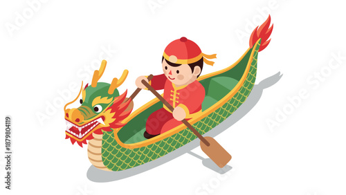 Isometric dragon boat with child in traditional costume