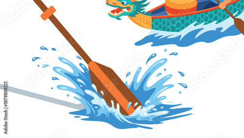 Dragon boat rowing with splashing water in vibrant cartoon style