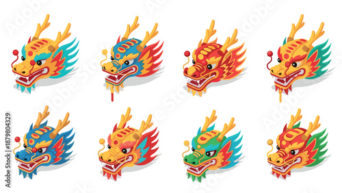 Colorful dragon heads with festive expressions in isometric style