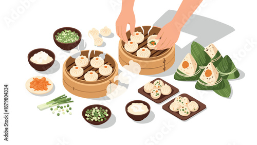 Isometric dim sum feast: traditional asian cuisine with dumplings and bao baskets