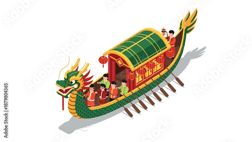 Isometric dragon boat with people and lanterns celebrating traditional festival