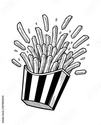 Dynamic Hand Drawn French Fries in Striped Carton - Exploding Snack Illustration
