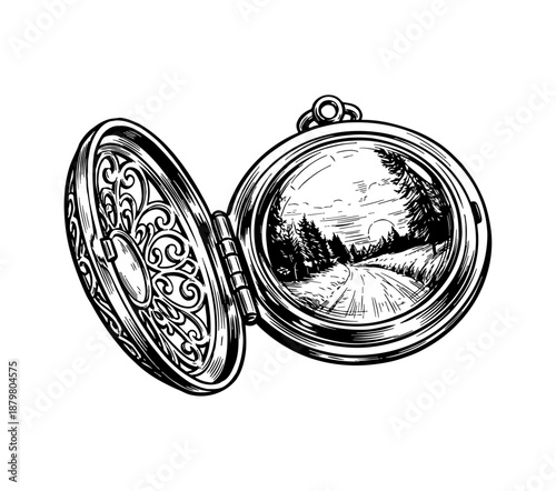 Vintage Locket Illustration with Forest Road Landscape and Sunset