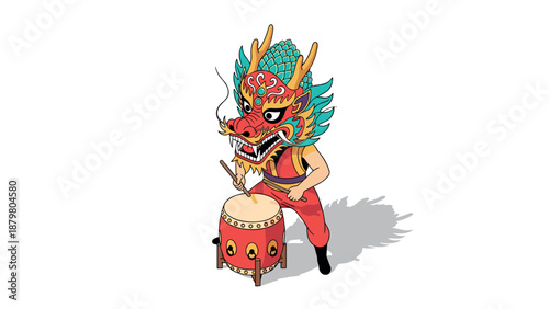 Colorful dragon mask drummer in traditional asian costume playing drum
