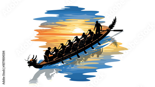 Dragon boat racing silhouette on colorful sunset water reflection