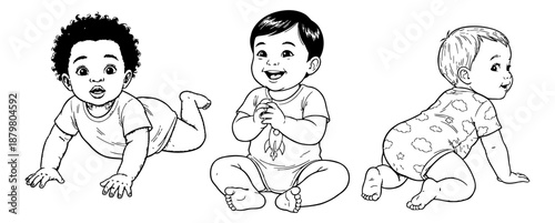 Cute Diverse Babies Illustration Set - Infants Crawling and Sitting with Happy Expressions, Black and White Line Art