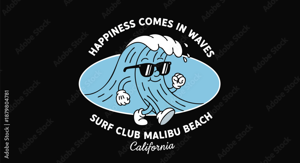 Obraz premium Vintage Cartoon Surf Wave Character in Sunglasses for Beach Lifestyle and Surfing Apparel Designs.