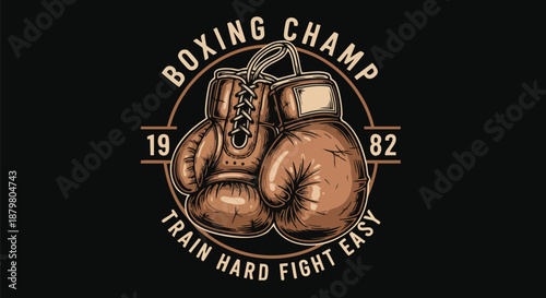 Vintage Boxing Gloves Emblem with Text for Sportswear and Merchandise.