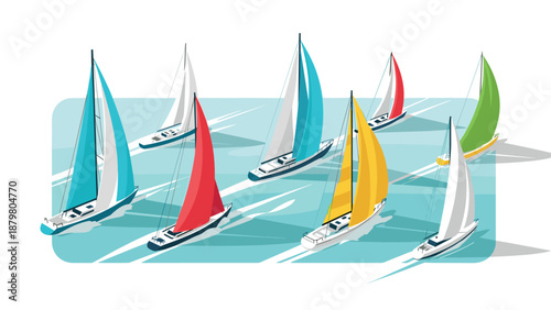 Colorful sailboats with vibrant sails racing on blue ocean