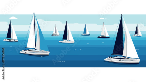 Sailboats with white and black sails on blue ocean horizon in minimalist style