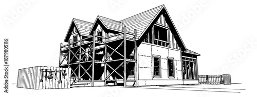 House under construction with scaffolding and worker, architectural line drawing