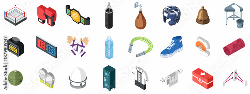 Isometric Boxing and Fighting Sport Equipment Icons Collection. Essential flat design elements for training, gym, match, and competition assets including gloves, ring, bags, and protective gear.