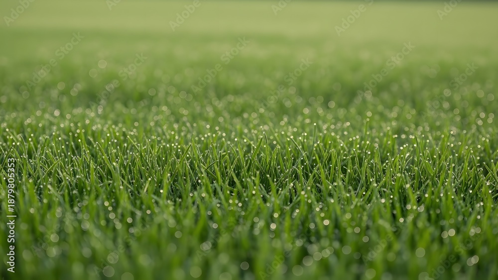 Fototapeta premium Close-up view of lush green grass with dew drops in a serene landscape