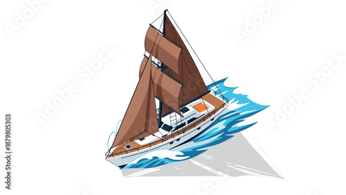 Sailing yacht with brown sails on ocean waves in isometric style