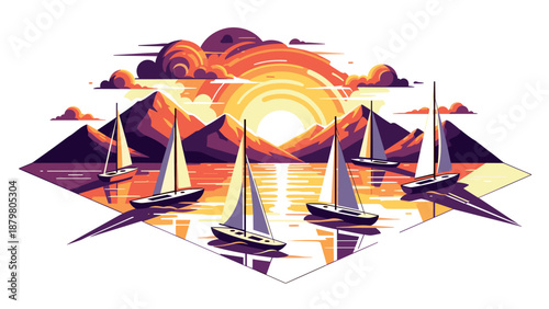 Vibrant sunset over mountain lake with sailboats and dramatic clouds in flat design