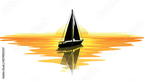 Silhouette sailboat at sunset reflecting on calm sea