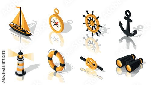 Colorful 3d nautical icons set with sailboat, anchor, and more