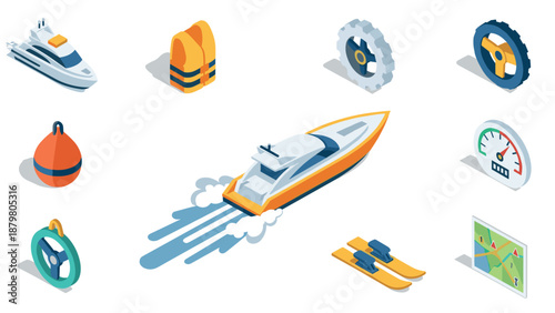 Isometric boat accessories set with speedboat, life jacket, map, and gear icons