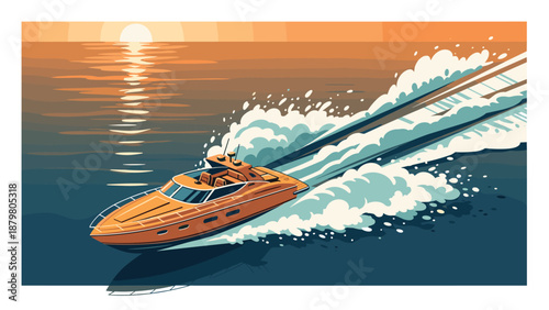 Speedboat adventure at sunset: dynamic ocean journey in vibrant art