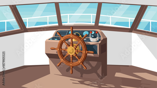 Nautical wooden helm on modern ship control bridge with sea view in flat style
