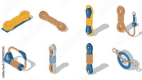 Isometric nautical ropes and pulleys: maritime design elements collection