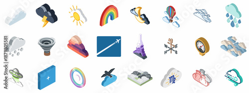 Isometric Weather Icons Set: Clouds, Sun, Rain, Storm, Snow, Rainbow, Tornado, and Sky Phenomena for Meteorology Apps and Design.