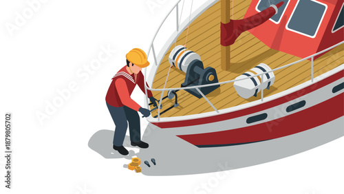 Isometric sailor maintenance scene with tools and equipment on red ship deck