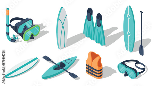 Isometric water sports gear set with kayak, snorkel, and paddleboard equipment