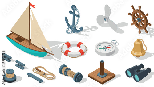 Isometric nautical elements: sailboat, anchor, and marine tools