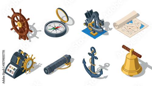 Nautical icons collection: isometric ship wheel, compass, telescope, and anchor set