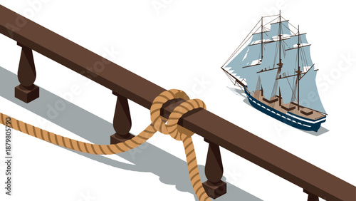 Isometric nautical ship scene with rope and wooden railing